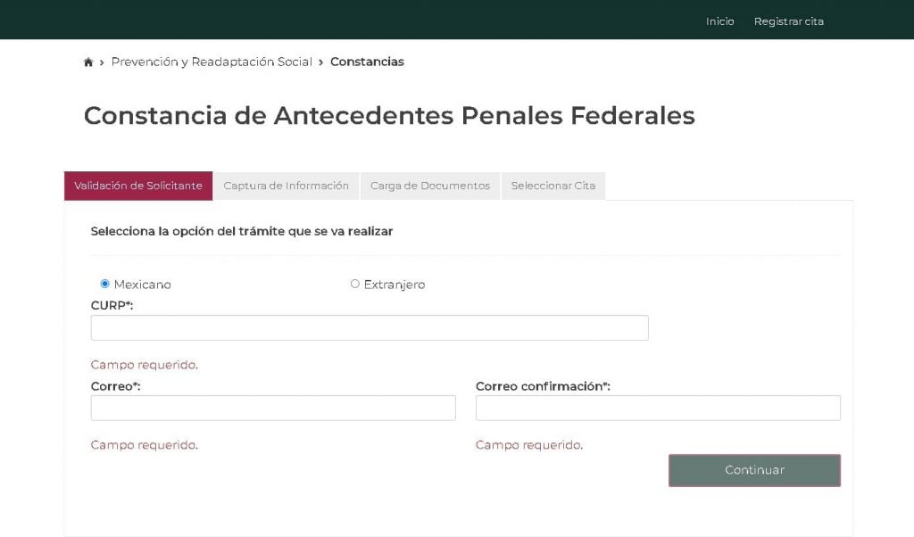 Curp en portal para Constancia de Antecedentes No Penales Federales