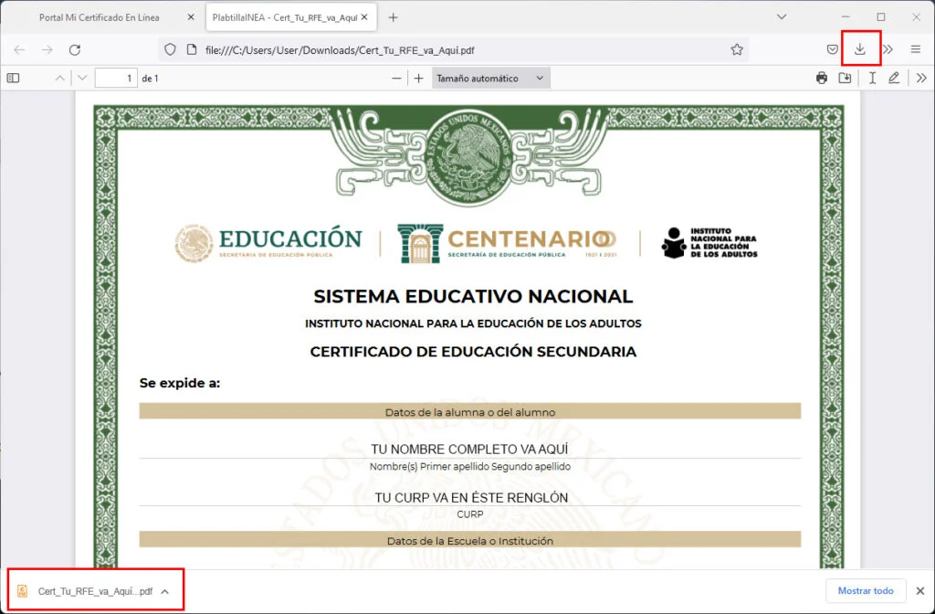Persona en una computadora descargando su certificado de secundaria del INEA en formato PDF.