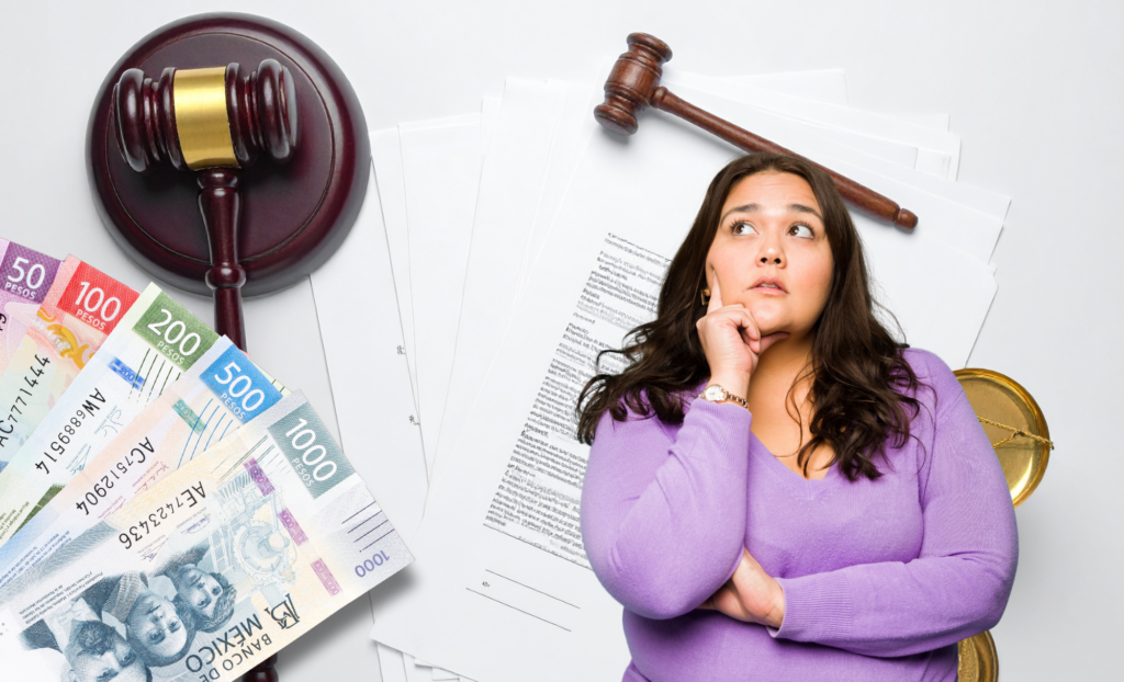 Persona revisando documentos legales y financieros, simbolizando el cálculo de la pensión alimenticia.