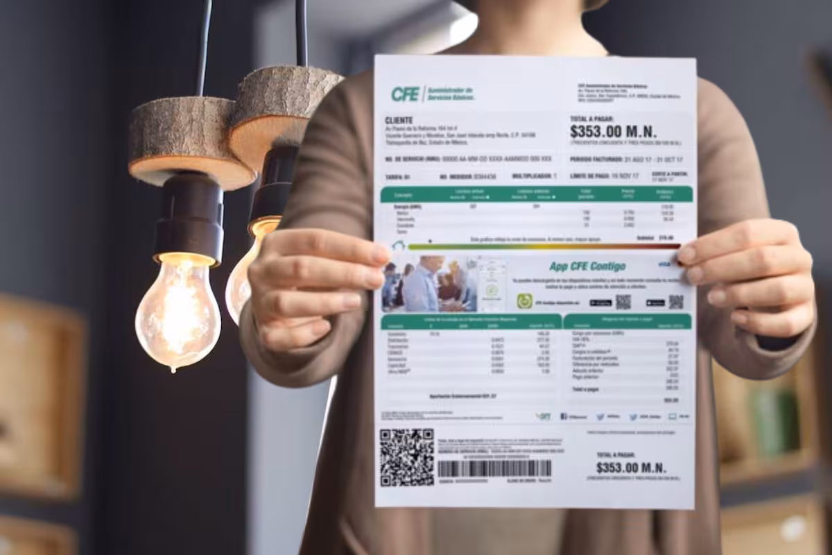 Persona sosteniendo un recibo de luz de CFE revisando el nombre del titular.