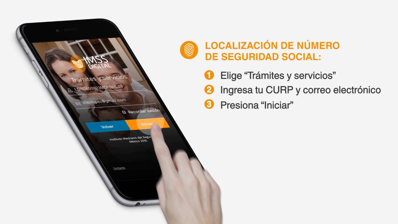 App IMSS Digital en smartphone mostrando pantalla principal con número de seguro social NSS visible y opciones de servicios