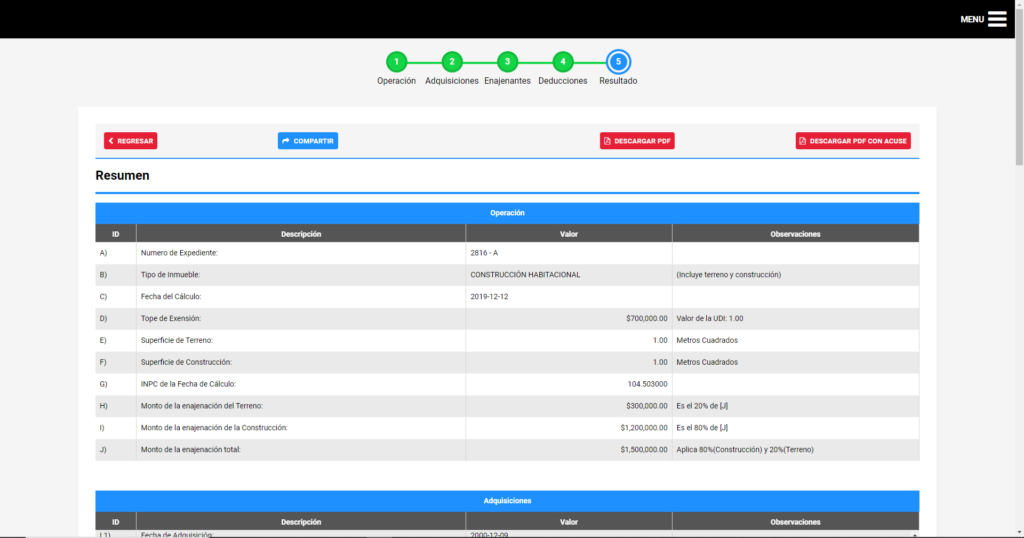 Calculadora del SAT mostrando el cálculo de ISR por enajenación de bien mueble (auto usado) en pantalla del portal Mi Cuenta SAT