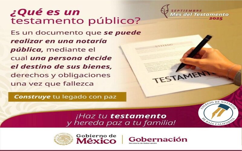 Cartel de la campaña Septiembre Mes del Testamento del Colegio de Notarios de México con información sobre descuentos y beneficios
