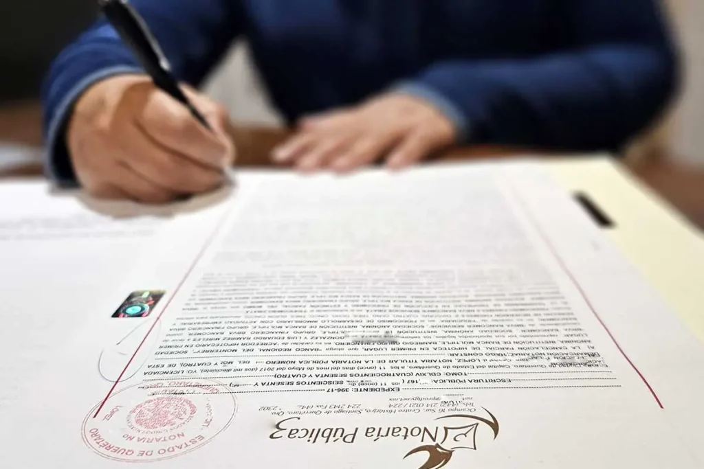 Persona entregando su identificación INE al notario público para iniciar el trámite de testamento en notaría con libros legales de fondo