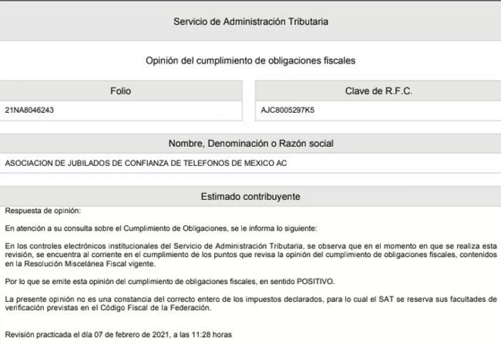 Opinión de cumplimiento positiva SAT