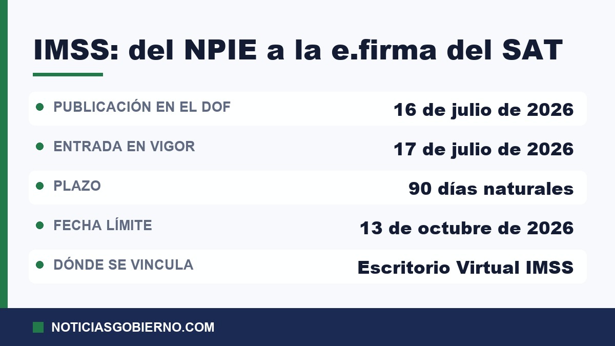 Fechas del cambio del NPIE a la e.firma del SAT ante el IMSS: publicación en el DOF, entrada en vigor, plazo y fecha límite