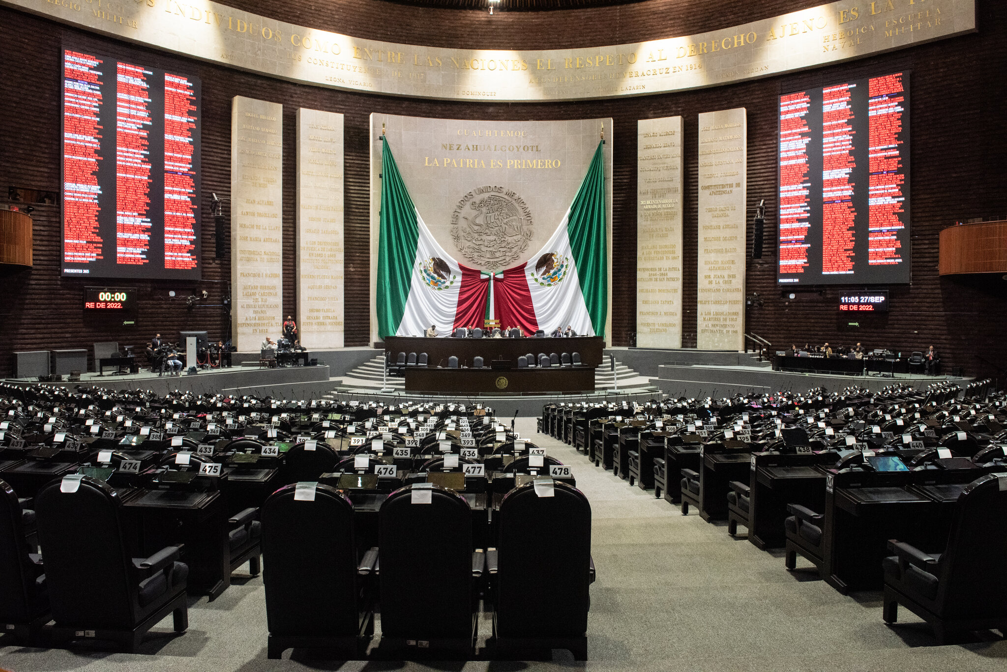 Interior del salón de plenos de la Cámara de Diputados en el Palacio Legislativo de San Lázaro