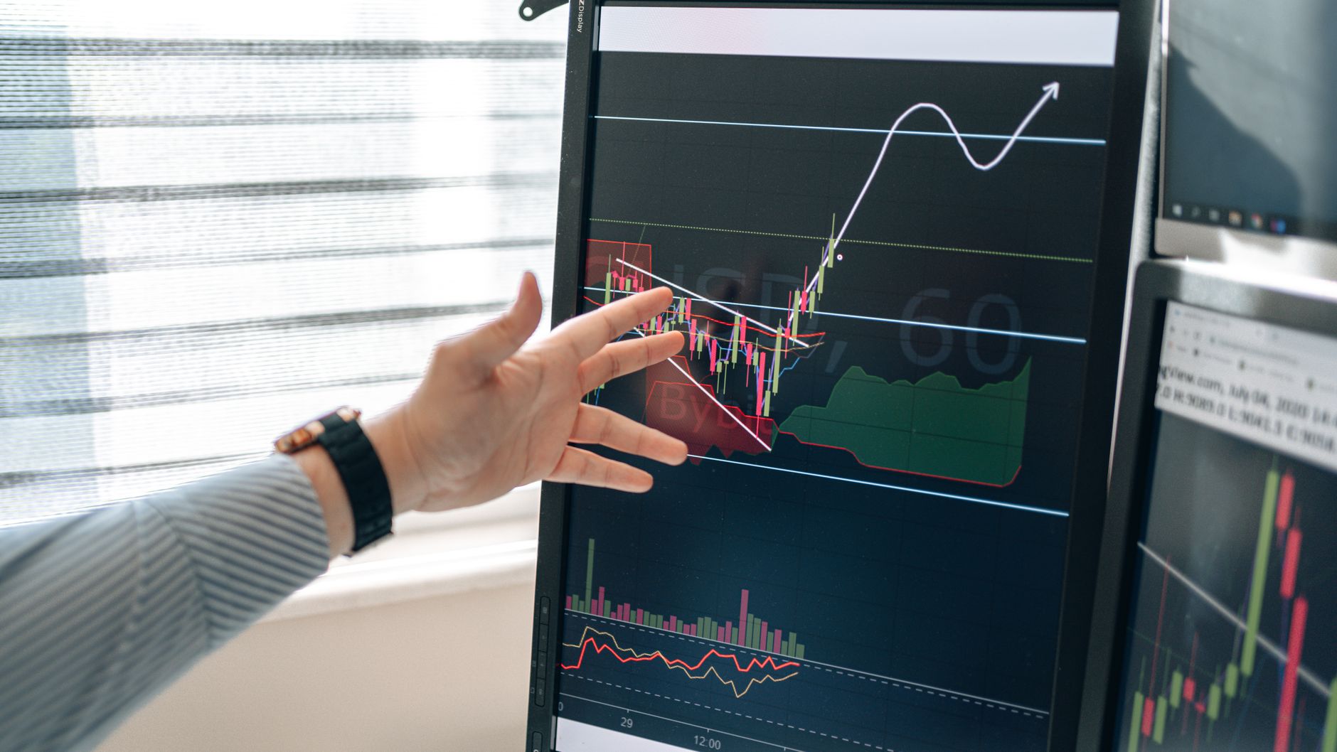 Mano señalando gráficas de mercado en un monitor, ilustración de la reacción a la calificación de México